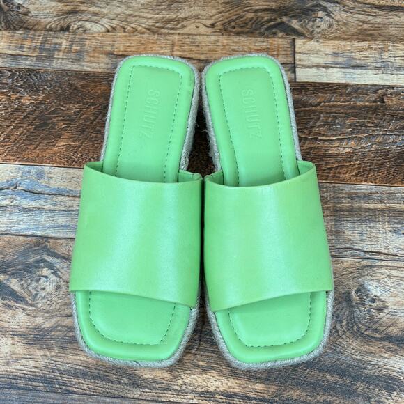Schutz Corah Green Leather Espadrille Slide Sandals Women's 6.5 Block Heel - Picture 6 of 10